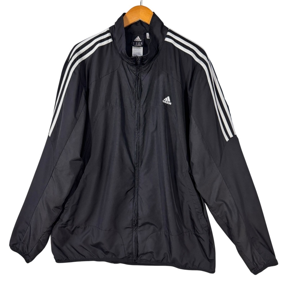 Adidas Men's Windbreaker Jacket XL Black Full Zip 3 Stripe Lightweight Athletic